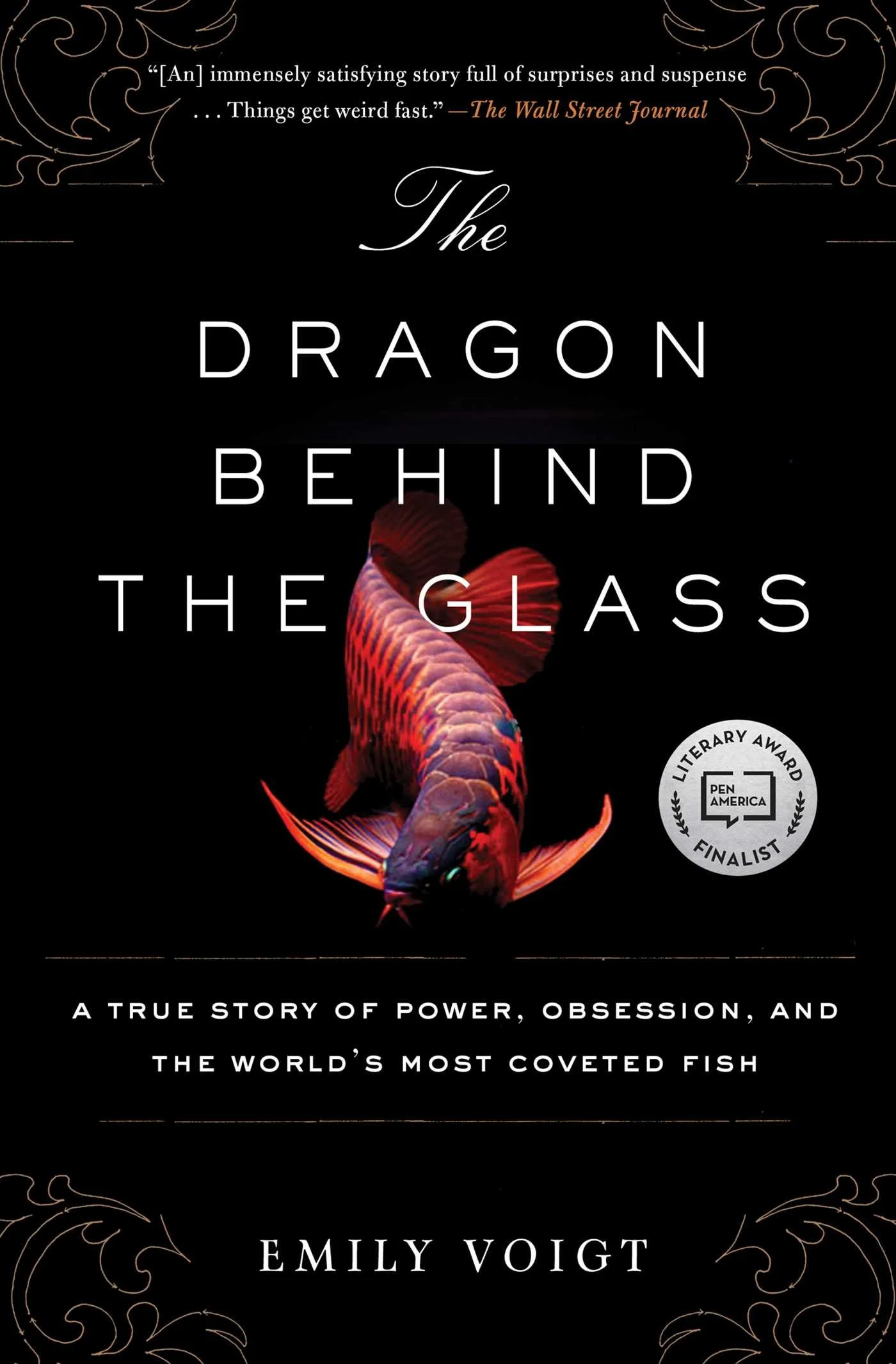 Book cover of "The Dragon Behind the Glass" by Emily Voigt featuring a vibrant fish and a literary award finalist badge.
