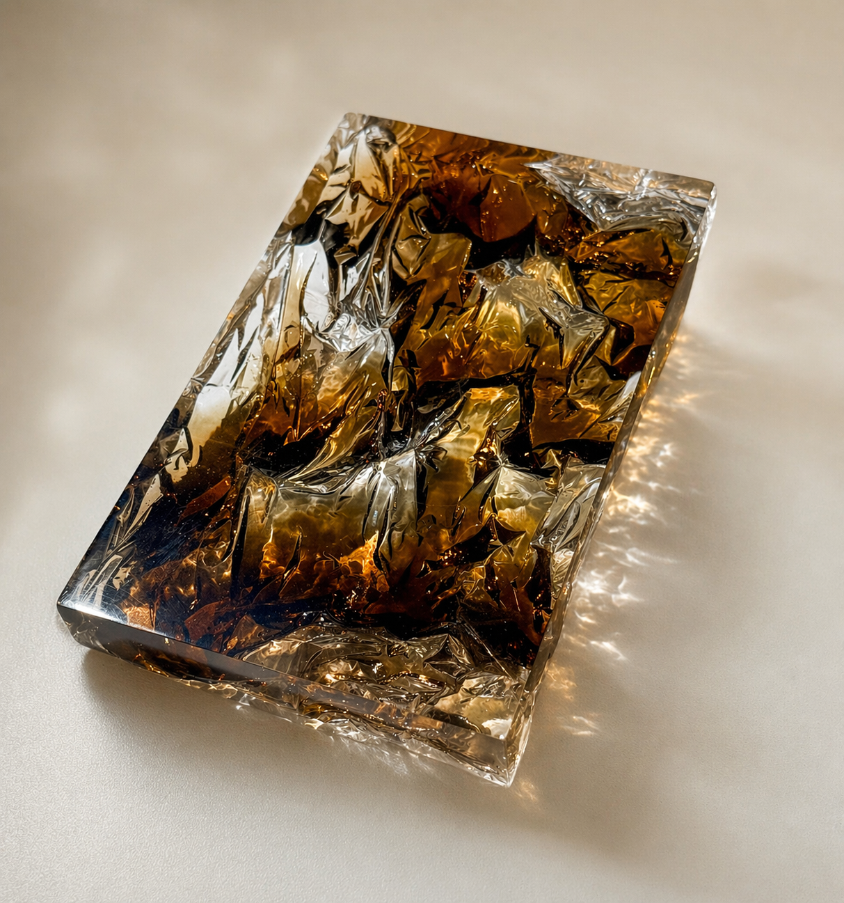 Translucent cast resin panel in warm amber, smoke, and gold tones with subtle metallic reflections, featuring a textured back that refracts light and creates a glowing, layered effect.