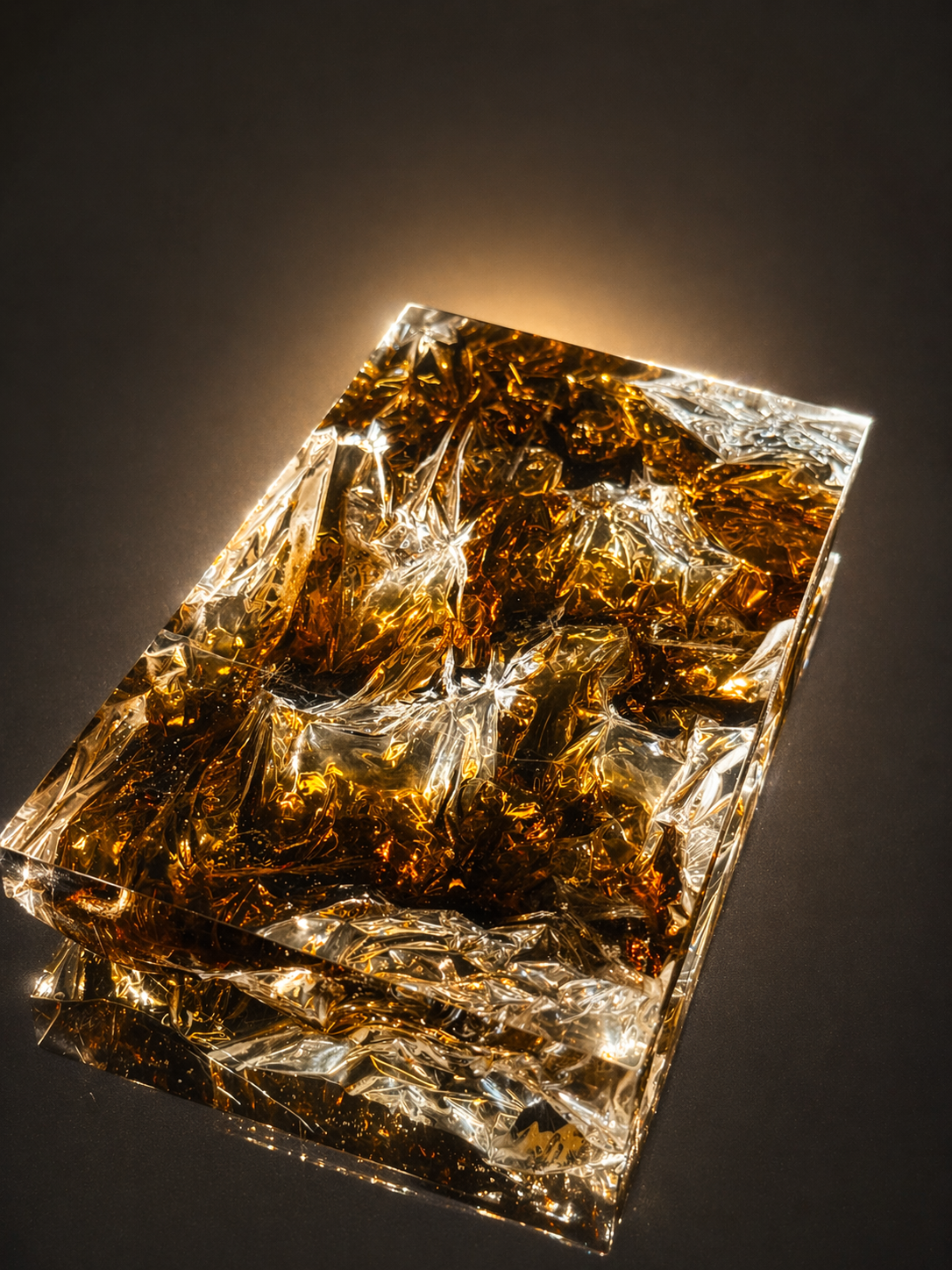 Translucent cast resin panel in warm amber, smoke, and gold tones with subtle metallic reflections, featuring a textured back that refracts light and creates a glowing, layered effect.