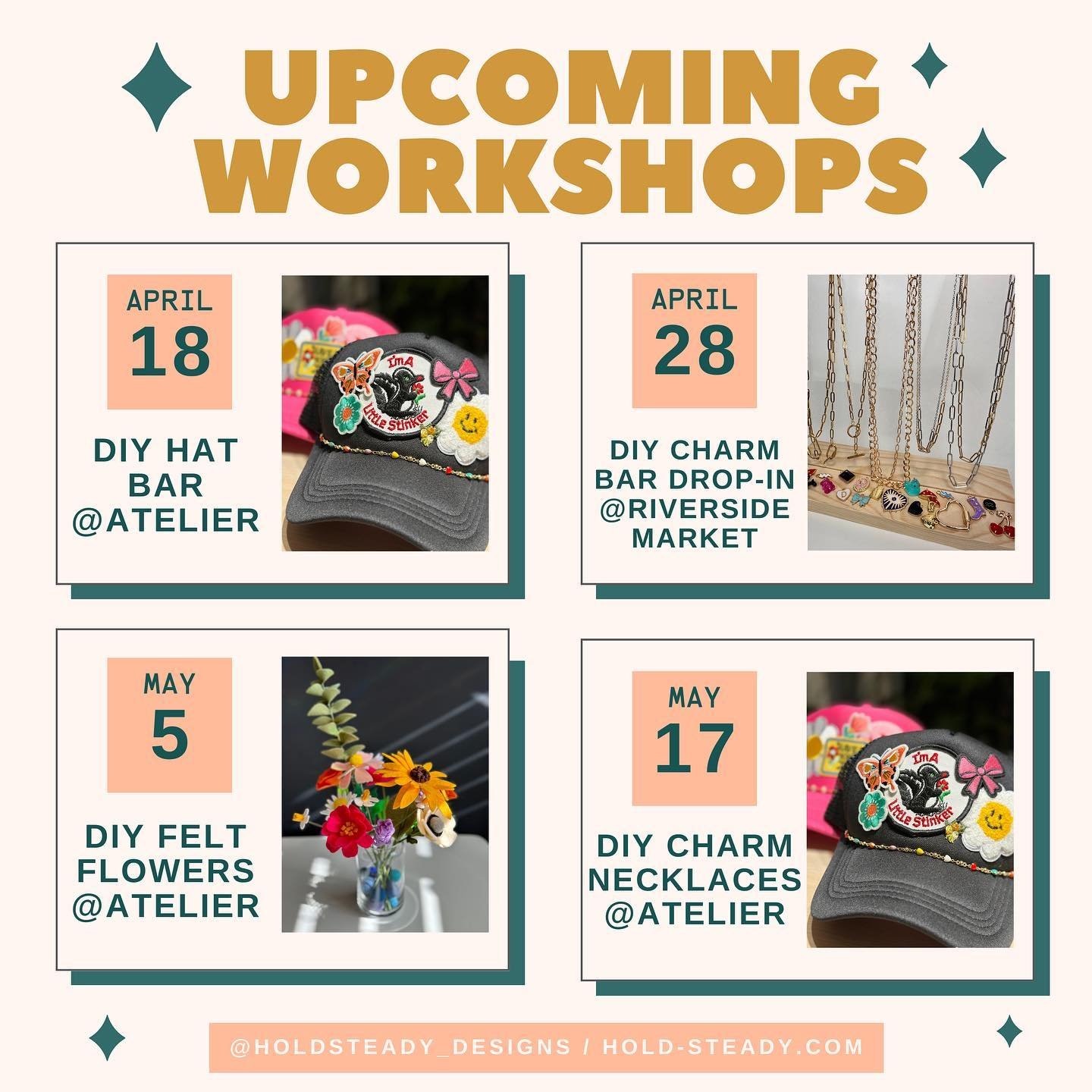 Join me for some diy workshops this Spring. Felt flower bouquets just in time for Mother&rsquo;s Day 🌷 Diy chunky charm necklaces and patch hats @atelierinreno 💕 Catch the drop in diy charm bar at my @riversidefarmersmarketreno booth the end of Apr