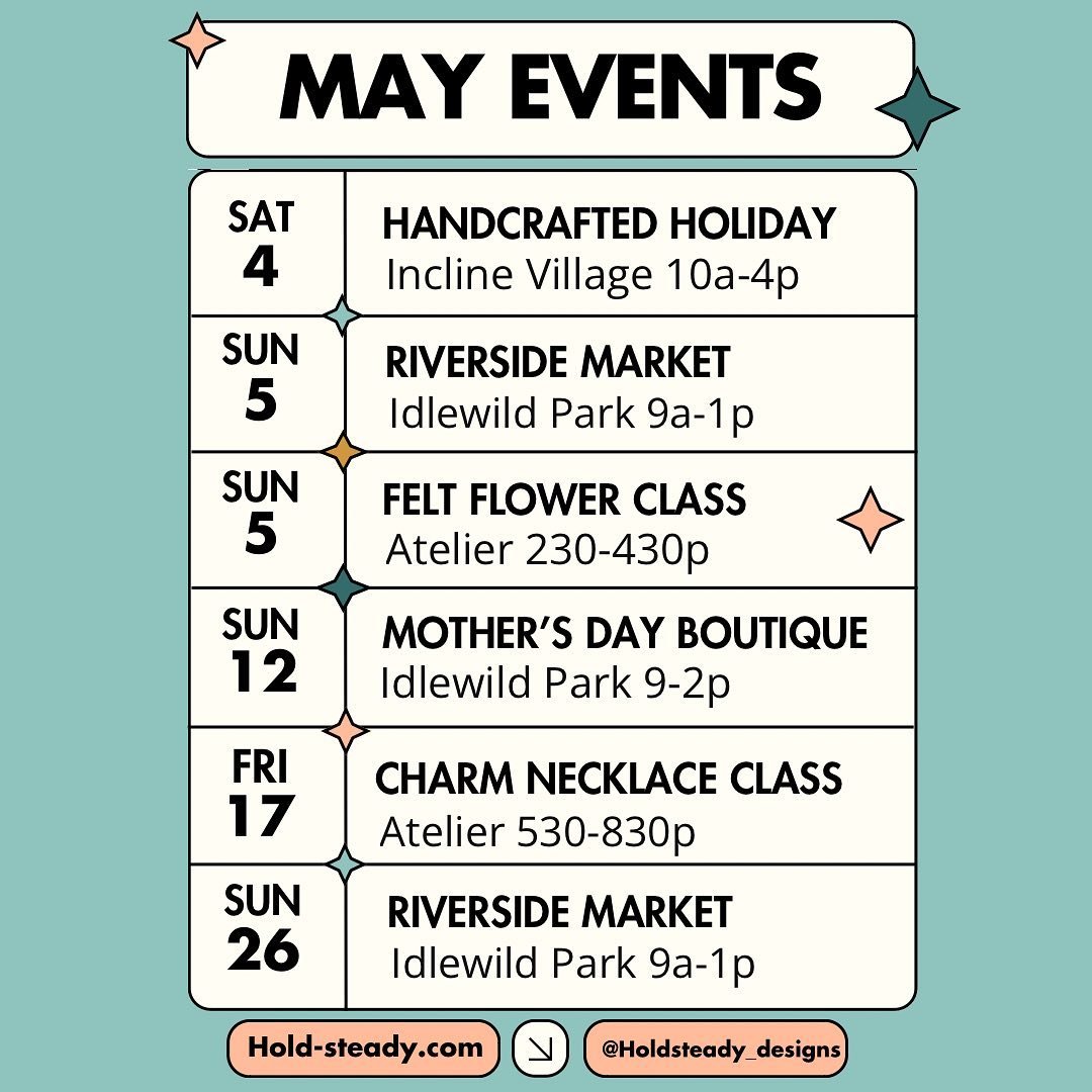 I have so many fun events this May! I&rsquo;ll be bringing the Charm Bar to the @riversidefarmersmarketreno on select dates and at  @handcraftedatinclinevillage 
Saturday May 4th. Join me at @atelierinreno on May 5th for my Felt Flowers Workshop just