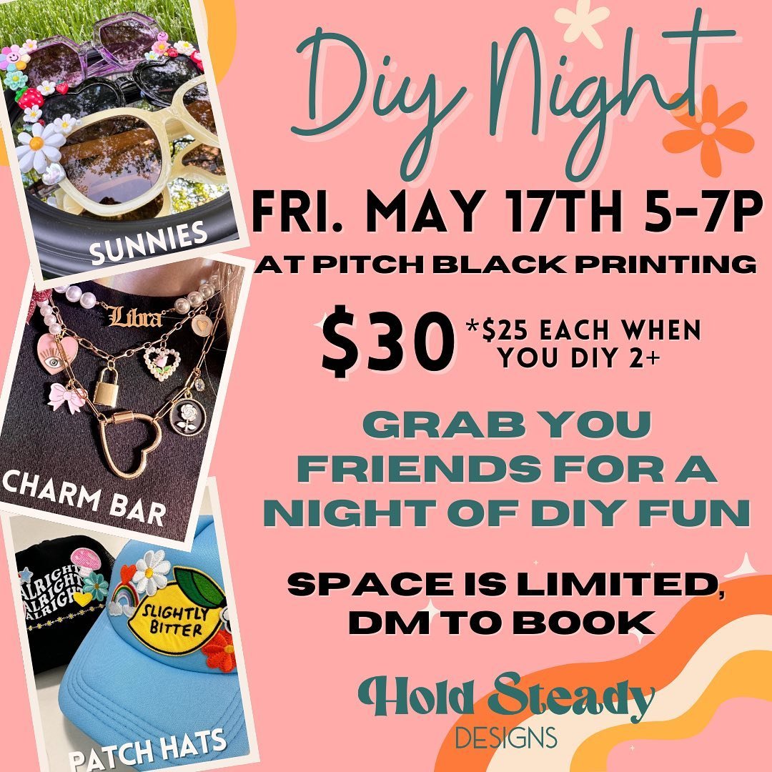 Join me @pitchblackprintingco Friday, May 17th from 5-7pm for an evening of diy craft stations. Make your own custom collage patch hats, fun sunnies, or viral chunky charm necklaces. $30 each or $25 each if you want to diy more than one! Grab your fr