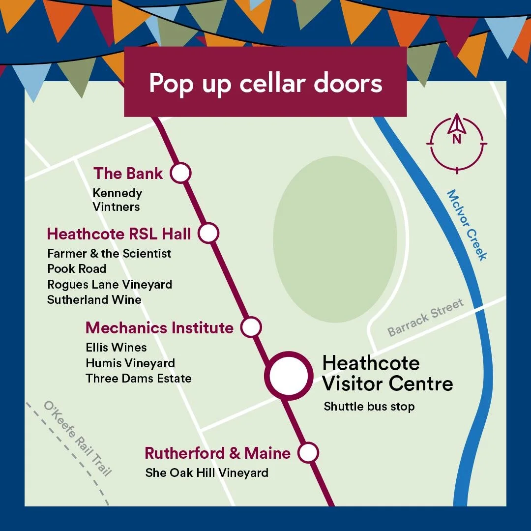 Slip on some comfortable shoes and walk the main street with us this Heathcote on Show long weekend!

8 of our producers are bringing the fun to town with pop-ups in the heart of Heathcote 🥳

🍷 @ellis_wines at the Senior Citizen's Hall 
🍷 @humisvi