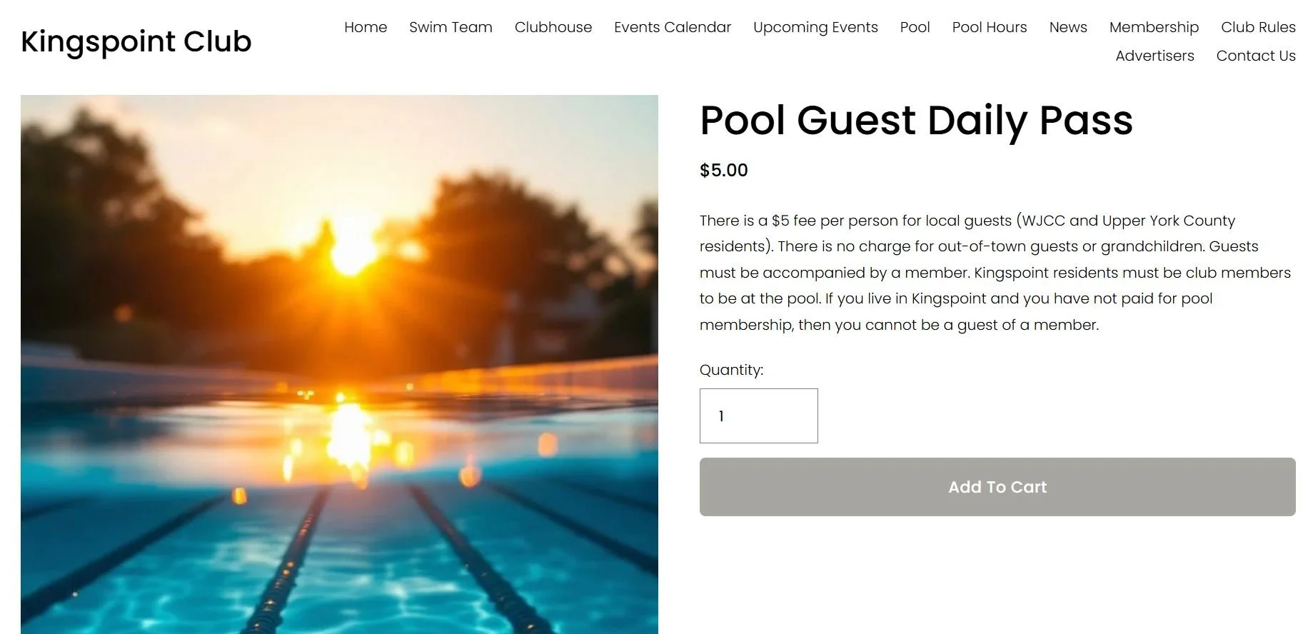   The “here” button located in the previously photo’s Guests paragraph will take members to this page where they can pay for their guests to use the pool for the day.  