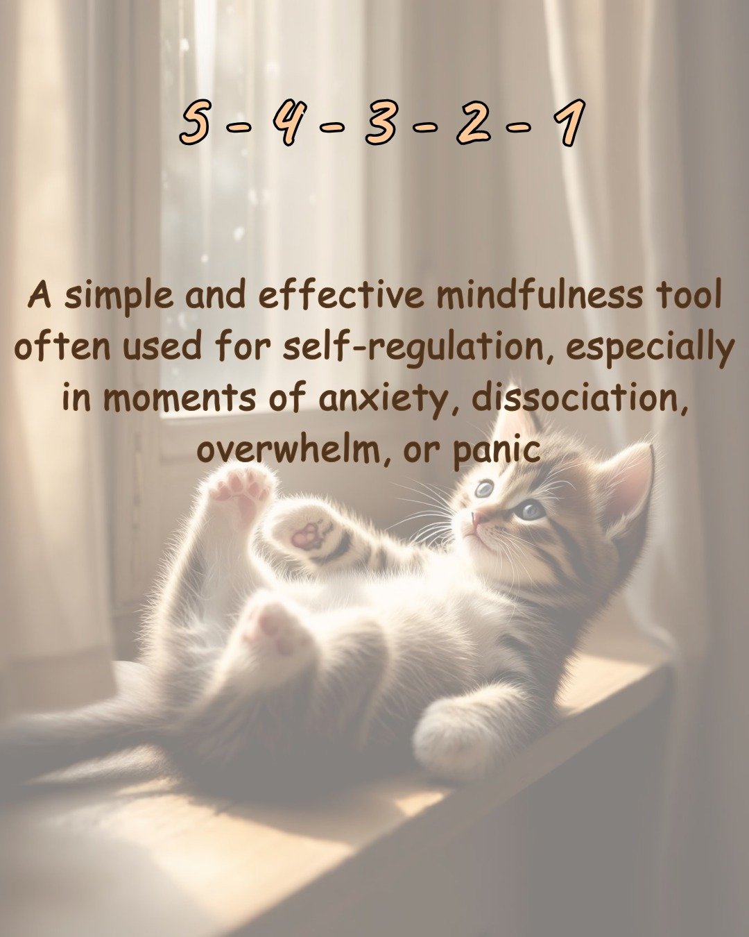 5 - 4 - 3 - 2 - 1

A simple and effective self regulation exercise you can do anywhere at any time to feel a bit more grounded, centered, and present.