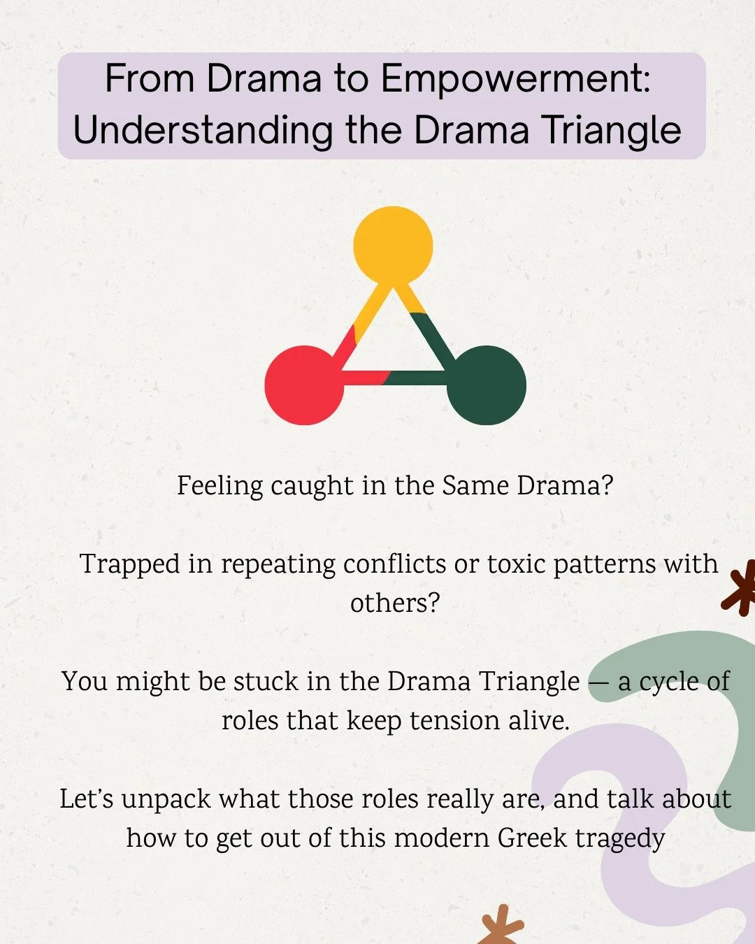 Ever find yourself stuck in a loop of blame, burnout, or emotional exhaustion?

Feeling like difficulties in relationships just keep repeating?

You might be caught in the Drama Triangle &mdash; a power dynamic we often fall into during stress or con