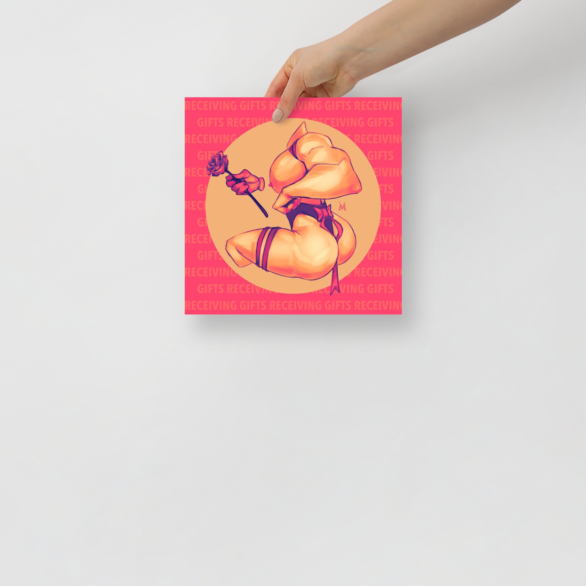 This piece is based on the Love Language: Receiving Gifts. The print illustrates a person wrapped in a bow as if being a gift themself. The person also presents a single rose to the viewer.