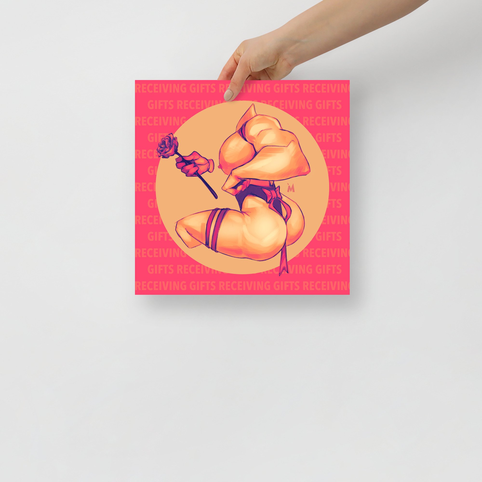 This piece is based on the Love Language: Receiving Gifts. The print illustrates a person wrapped in a bow as if being a gift themself. The person also presents a single rose to the viewer.