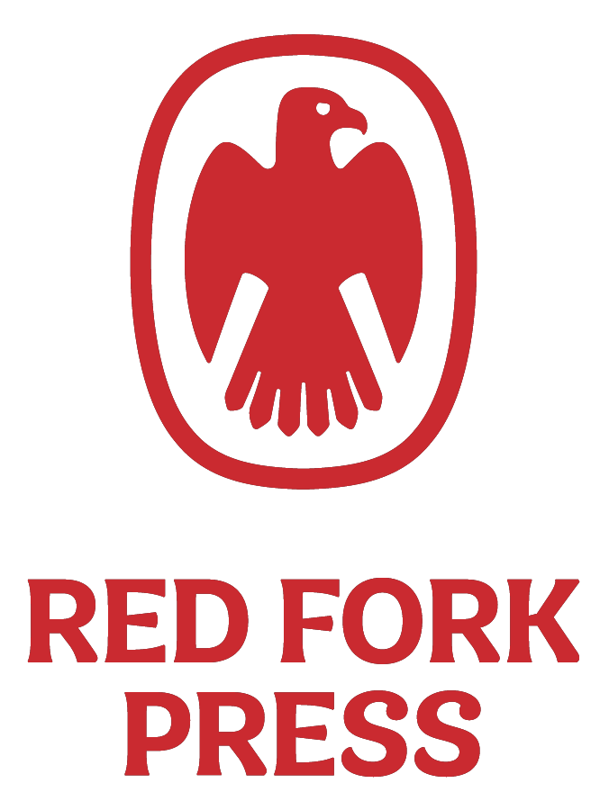 A red illustration of a sideways facing hawk is circled in an oval shape with a thick red line, underneath which are the words Red Fork Press.