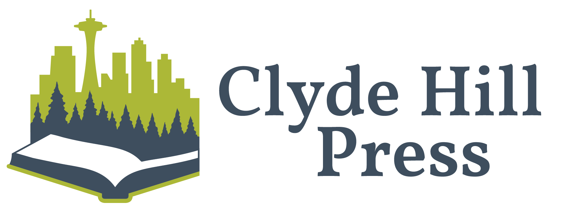 A sillhoutte of the Seattle skyline in green sit atop an open book with a green spine and blue pages followed by the words Clyde Hill Press.
