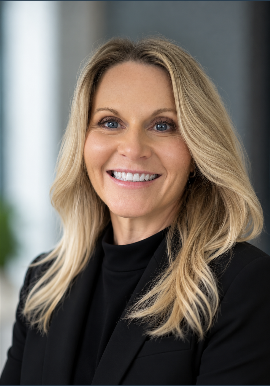 Professional portrait of a woman with blonde hair, blue eyes, smiling, wearing a black blazer and black top, in an office setting with blurred background.