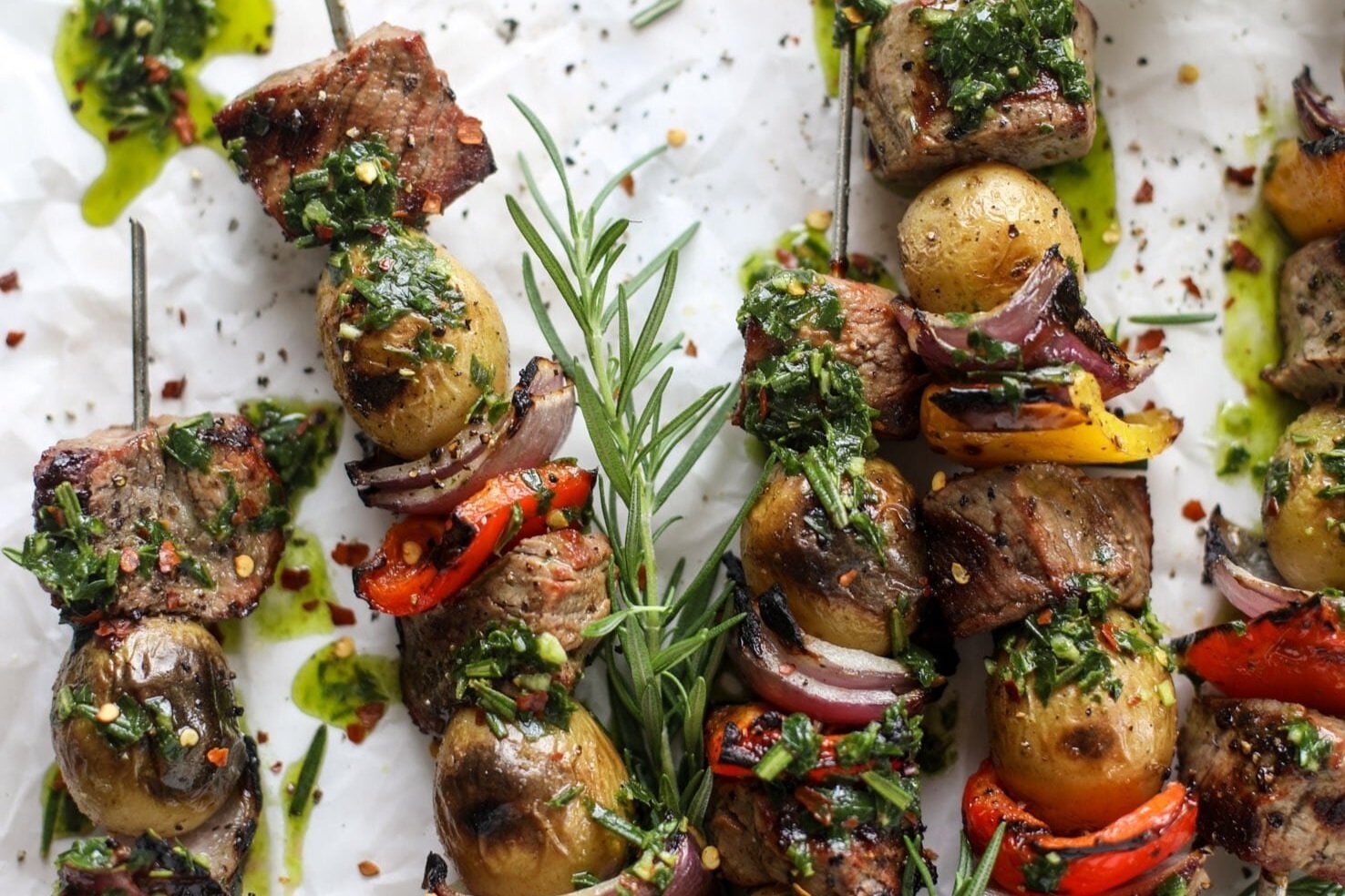 Grilled Filet and Potato Skewers with Rosemary Chimichurri