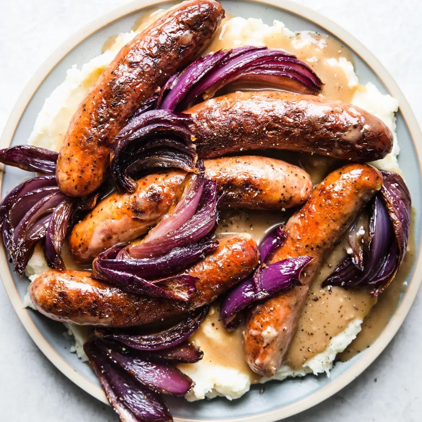 Bangers and Mash with Caramelized Onions