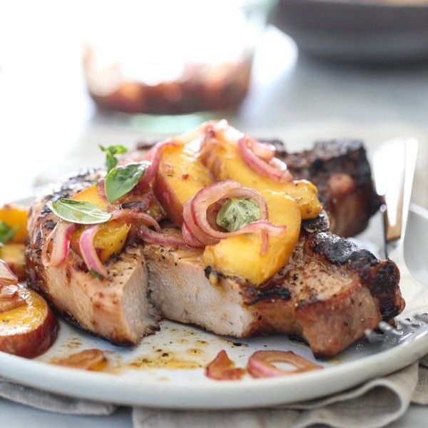 Grilled Pork Chops with Spicy Balsamic Grilled Peaches