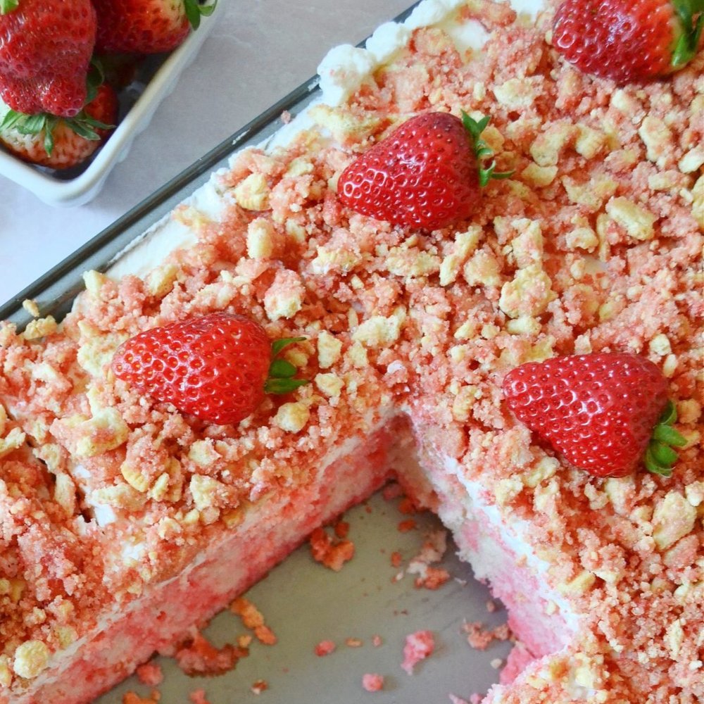 Strawberry Crunch Poke Cake