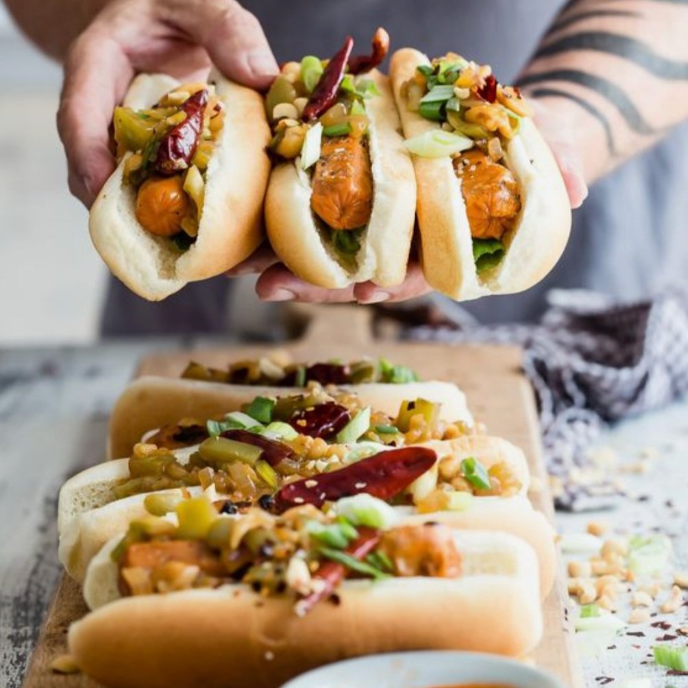 Grilled Kung Pao Veggie Dogs