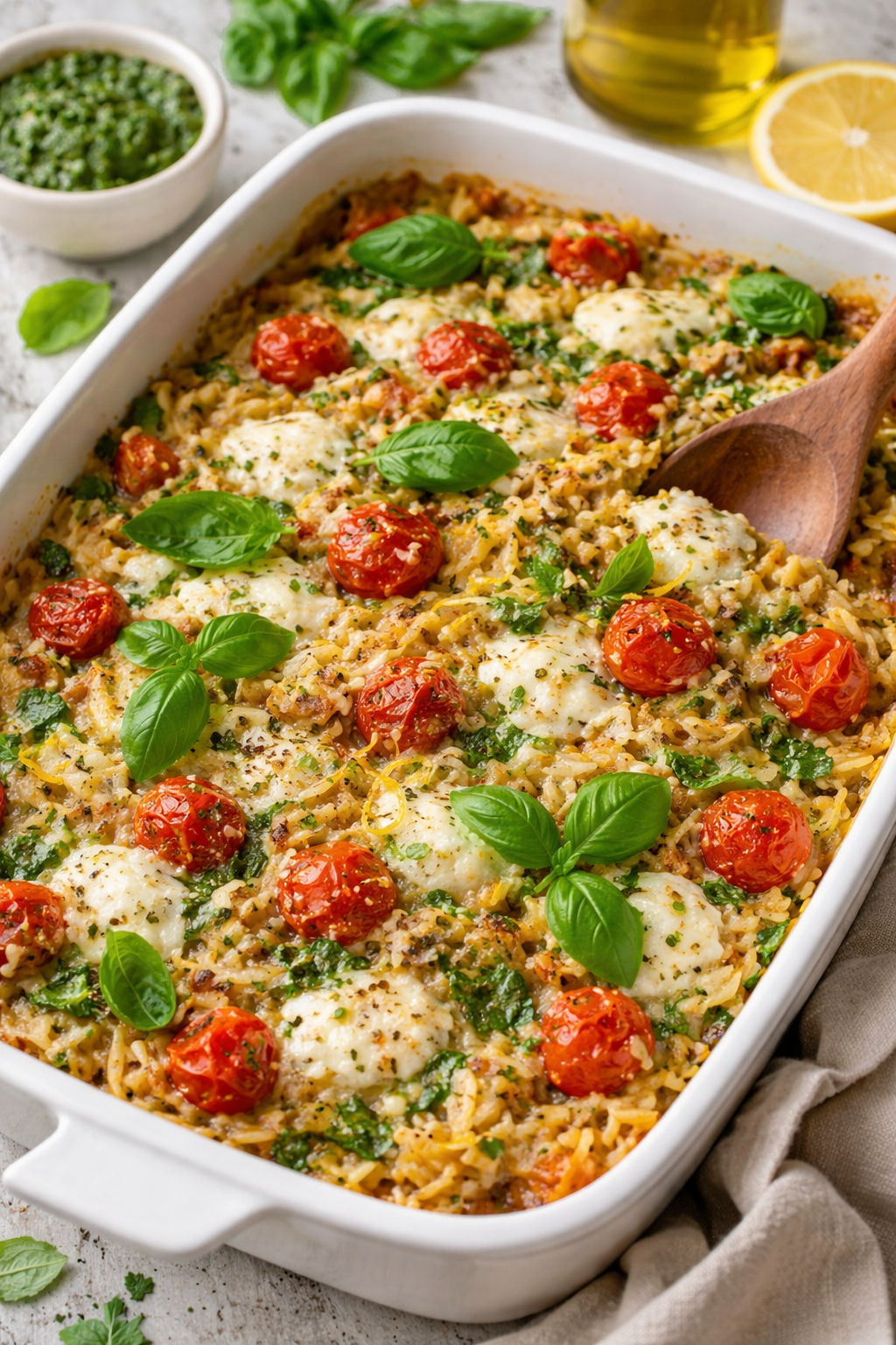 One Pan Caprese Pesto Orzo Bake