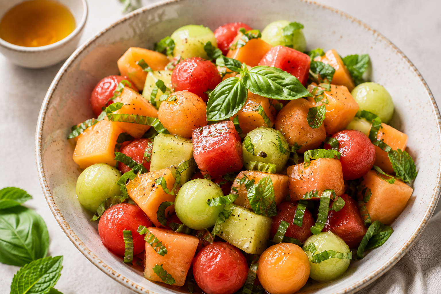 California Melon Garden Salad with Warm Citrus Honey, Basil &amp; Mint