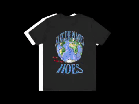 Black T-shirt with a graphic of the Earth and the text 'Save the planet' and 'Hoes' written on it.