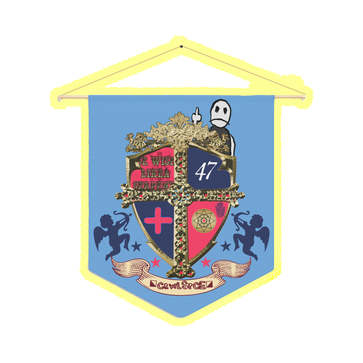 A decorative banner featuring a crest with a crowned gold cross, shields with various symbols, and a cartoon character with a sad face. The banner has the words 'Crawlspace' at the bottom.