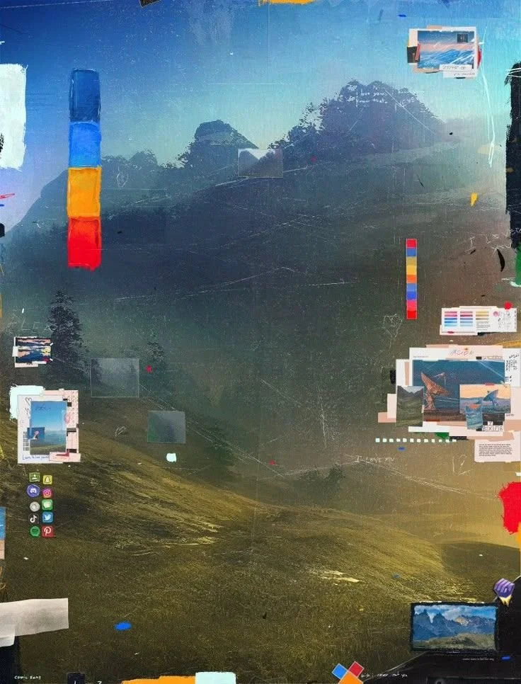 This appears to be a computer desktop with a mountainous landscape background, scattered folders, icons, color swatches, and various open window snapshots and images placed around the screen.