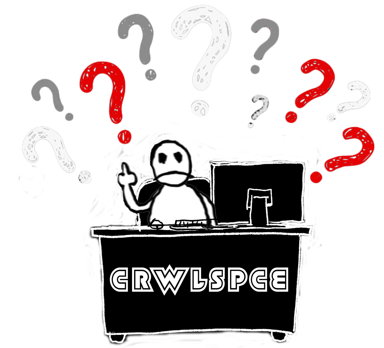 A black and white drawing of a person with a mask or face paint sitting at a desk labeled "GROWSPACE" with a computer monitor, surrounded by colorful question marks.