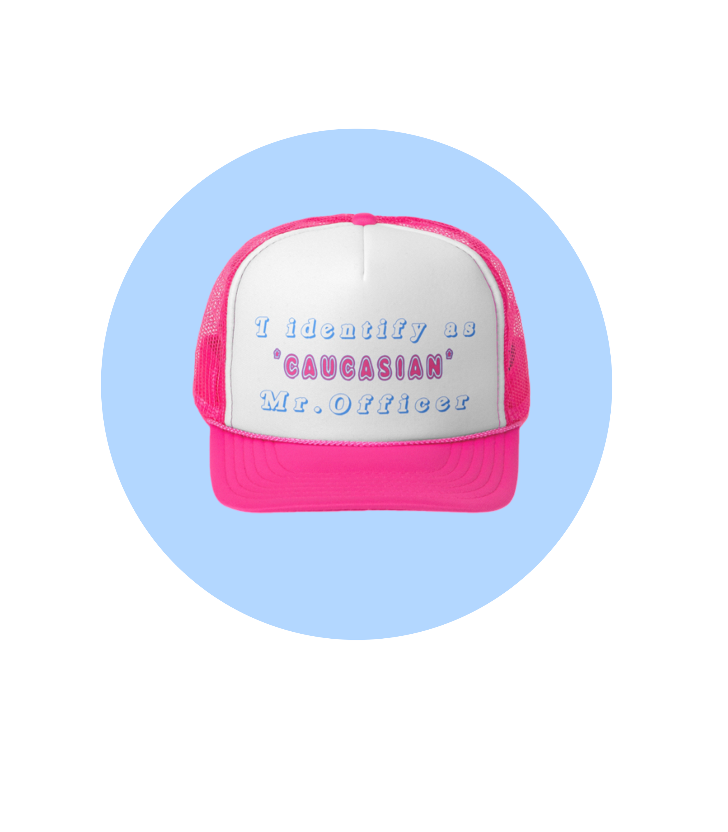 A pink and white children's backpack with embroidered text that says 'Identify as Caucasian Mr. Officer' on the front pocket, set against a light blue background.