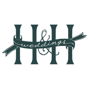 Two green letter H with an ampersand in the middle. Over top is a banner that reads 'weddings'