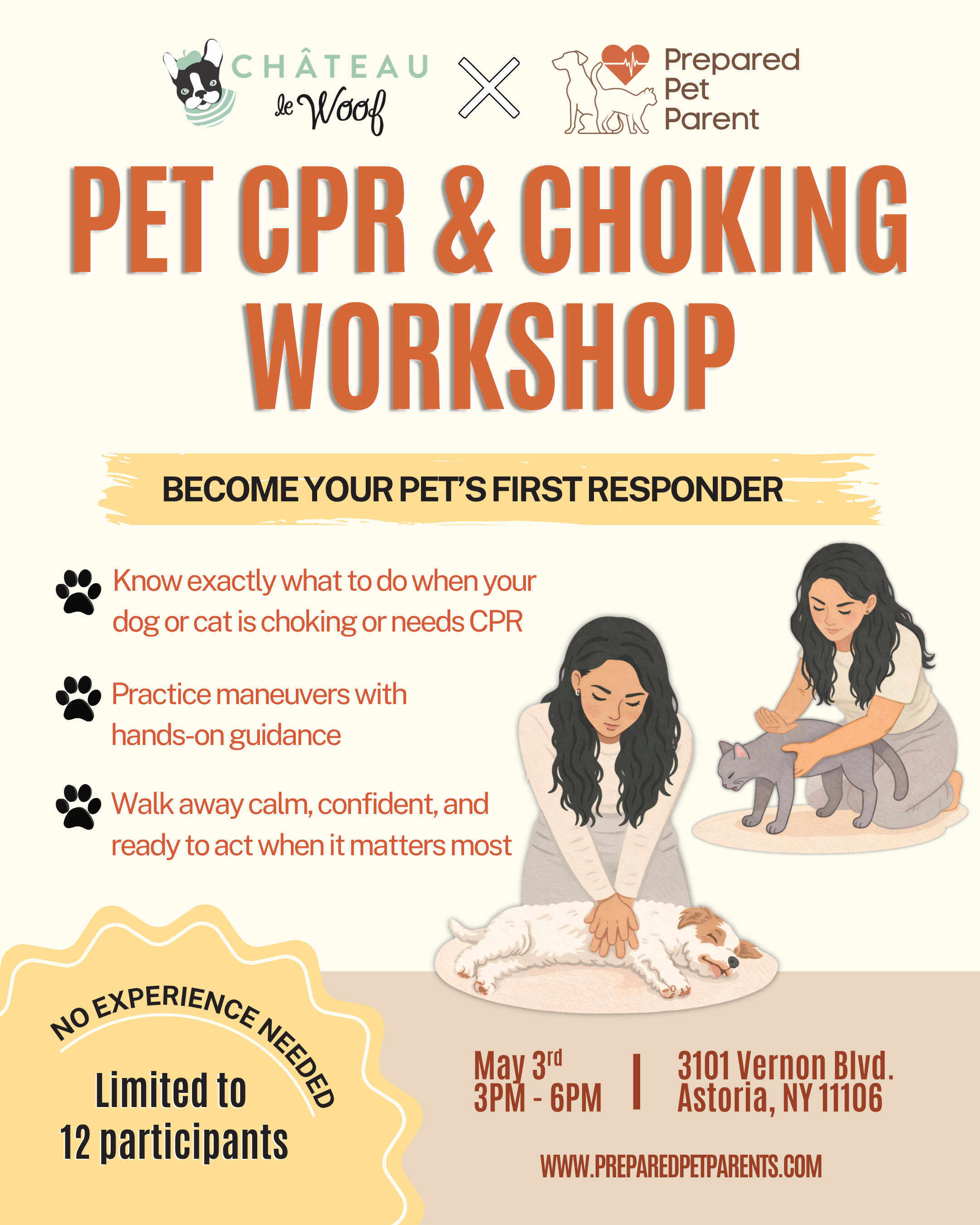 Pet CPR and Choking Workshop flyer. May 3, 2026 from 3 to 6pm. At 3101 Vernon Blvd. Astoria, NY 11106