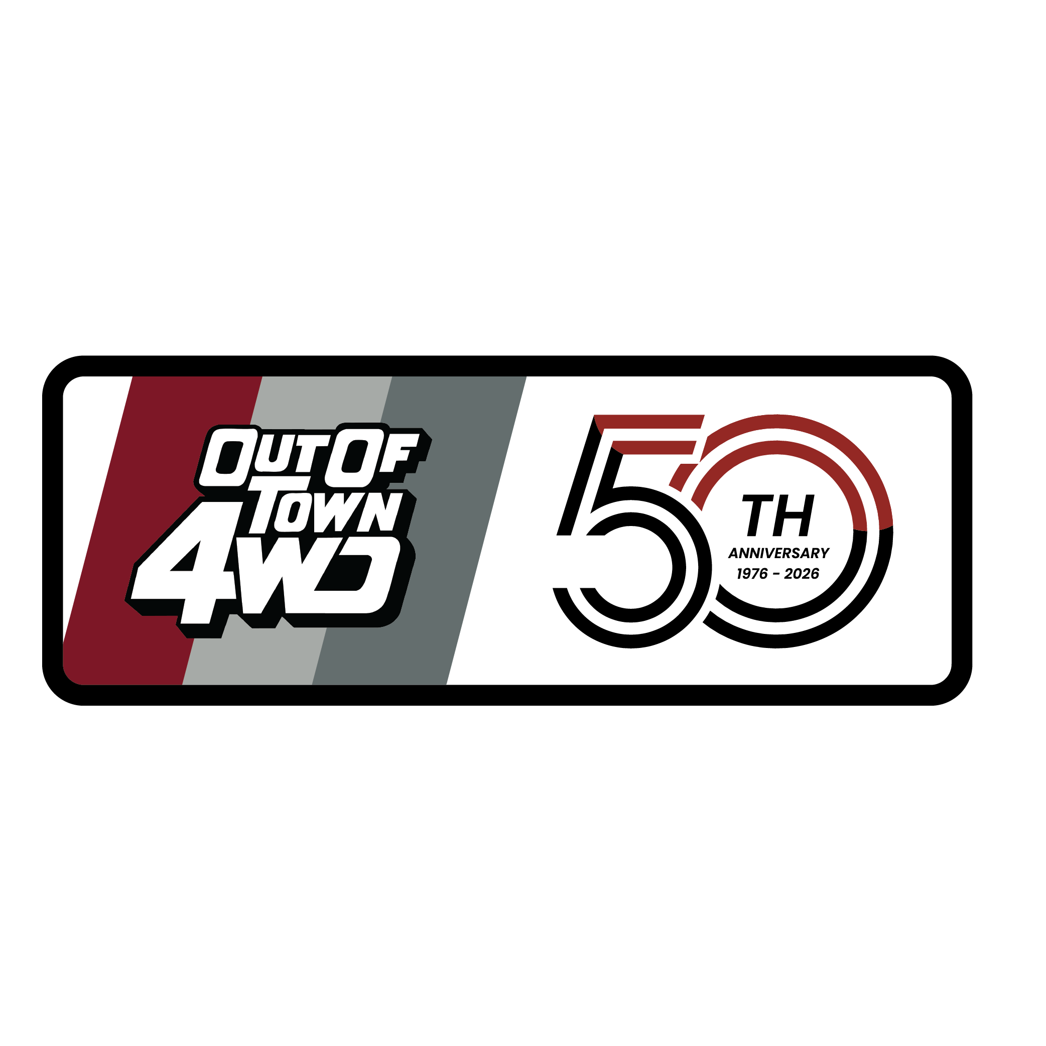Logo with the text 'Out of Town 4WD' in bold white letters on a red, gray, and black background, with a stylized red wheel and tire graphic.