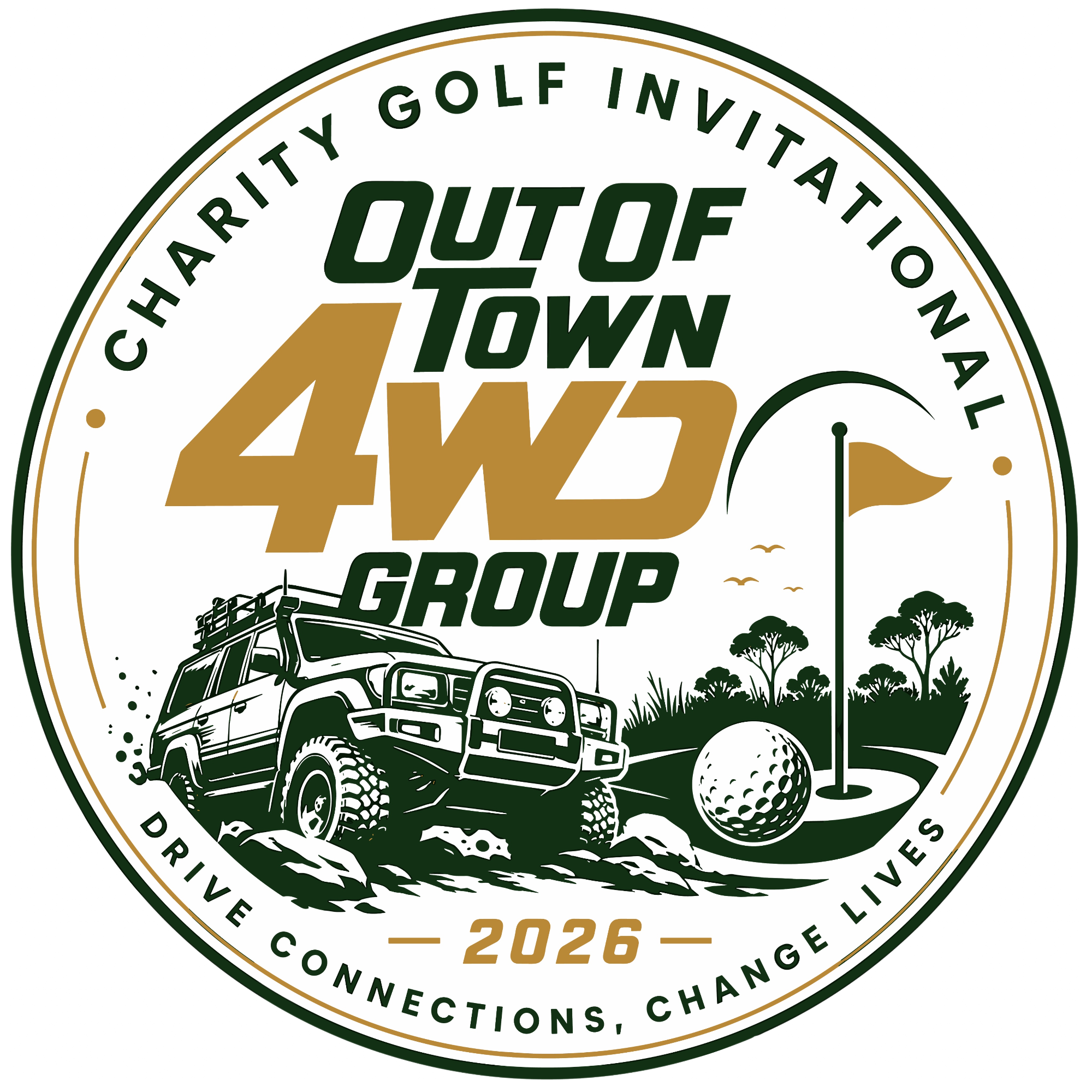 Circular logo for Out of Town 4WD Group, featuring a 4x4 vehicle driving over rough terrain, trees, and golf balls. Text indicates connection, change, survival, established in 2026.