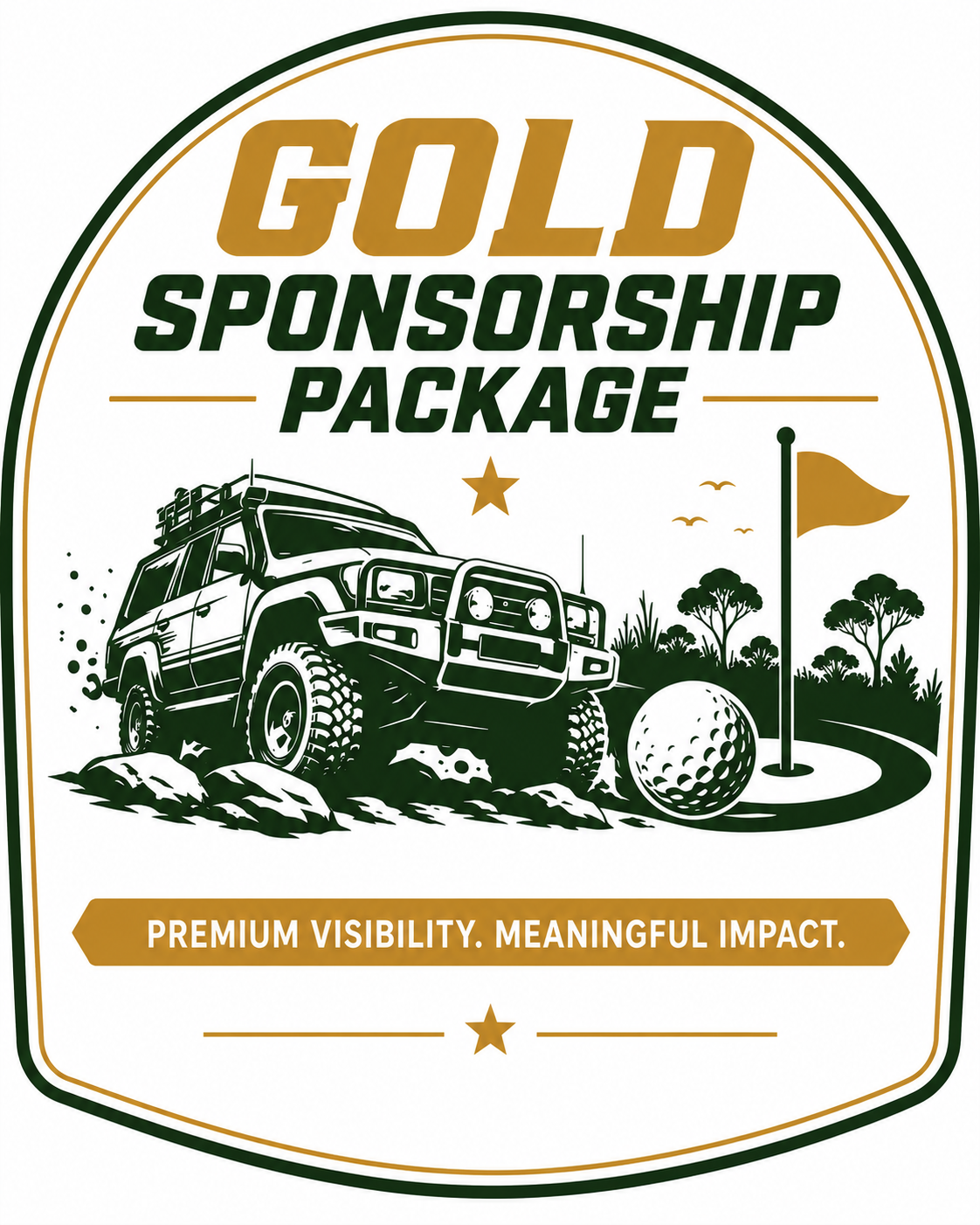 Design for a sponsorship package featuring an off-road vehicle on a rocky terrain near a golf course with trees and a flag, and text emphasizing visibility and impact.