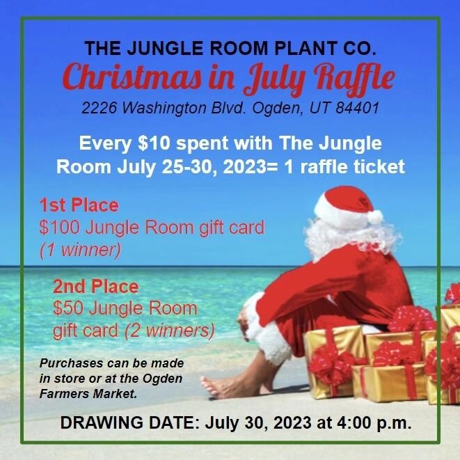 Beat the heat, and come shop with us this week for a chance to win a Jungle Room gift card! 🎅

For every $10 you spend between July 25th and 30th, you will receive a raffle ticket. On July 30th at 4 p.m., we are giving away a grand prize card of $10