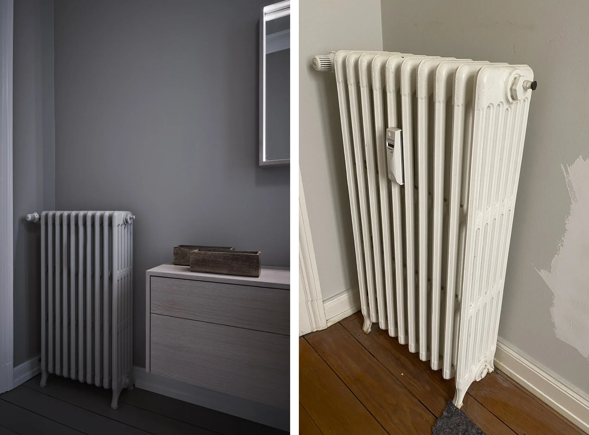Bad Altbau Nachher Heizkörper lackiert Wandfarbe grau Heizkörper Vorher