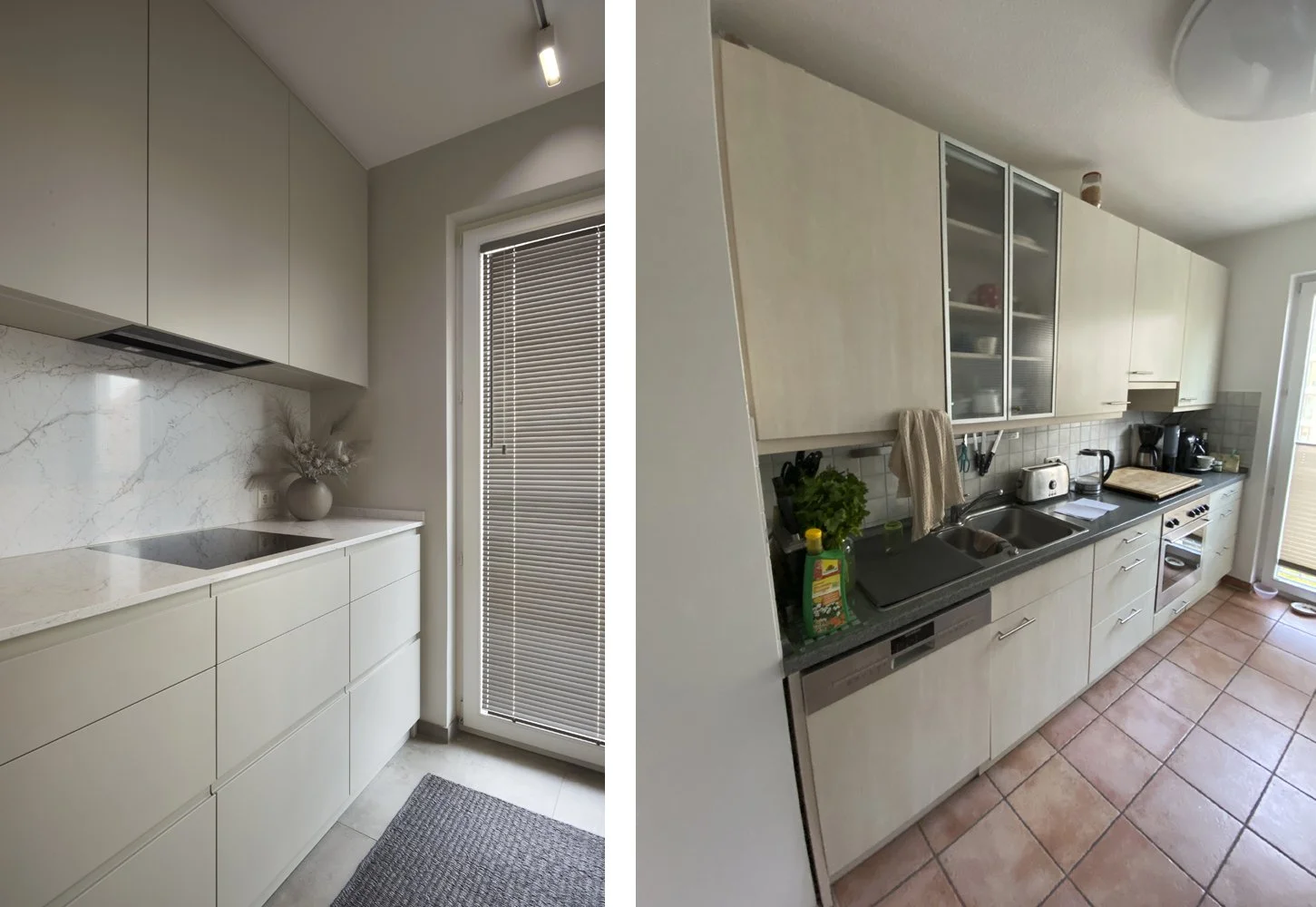 Küche Nachher Modern Hell Tischler Arbeitsplatte Spritzschutz Naturstein Holzjalousien Küche Vorher