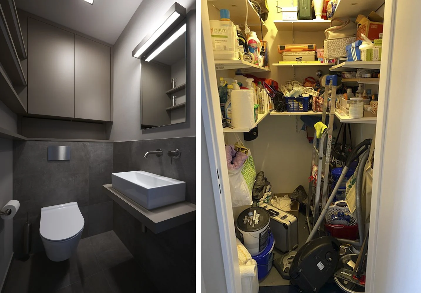 Gästebad Nachher dunkel Abstellkammer Vorher