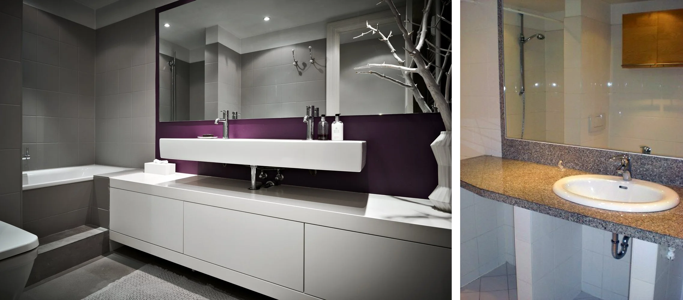 Bad Nachher Waschtischanlage Weiss Wände farbig dunkel Bad Vorher