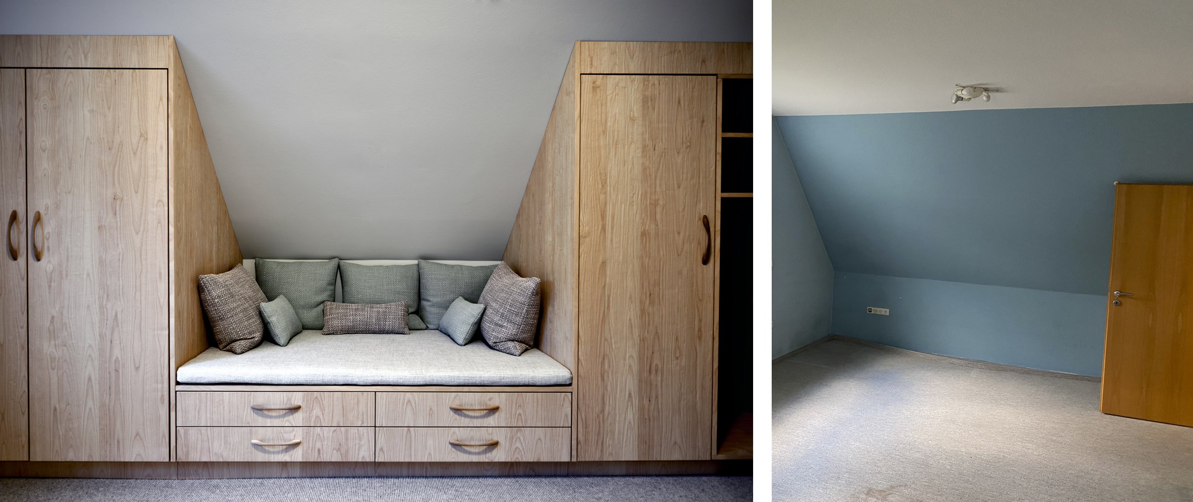 Schlafzimmer Kleiderschrank unter Schräge mit Sitzbank gepolstert Holz Tischler Schlafzimmer Vorher