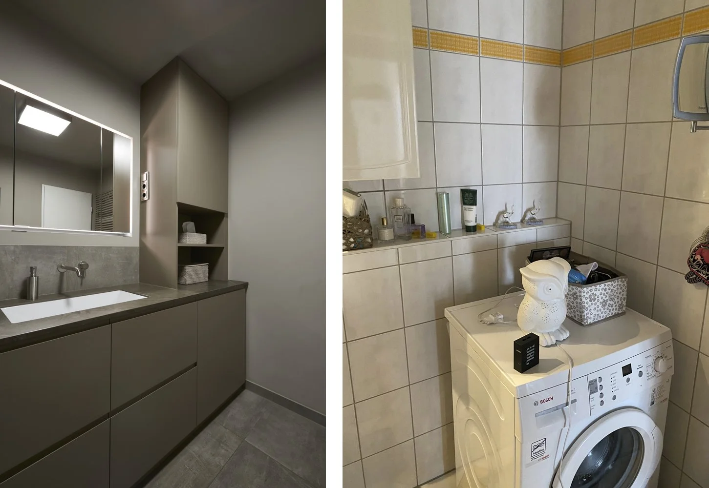 Bad Waschtischanlage Hochschrank mit Waschmaschine Tischler Bad Vorher