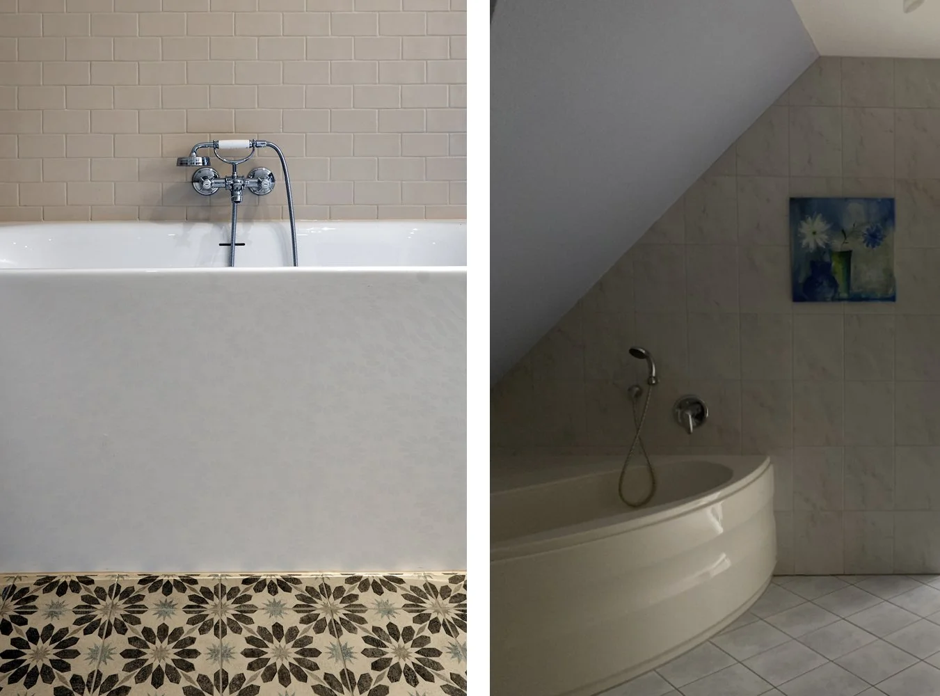 Badewanne Nachher Bodenfliesen gemustert Armatur Klassisch Badewanne Vorher