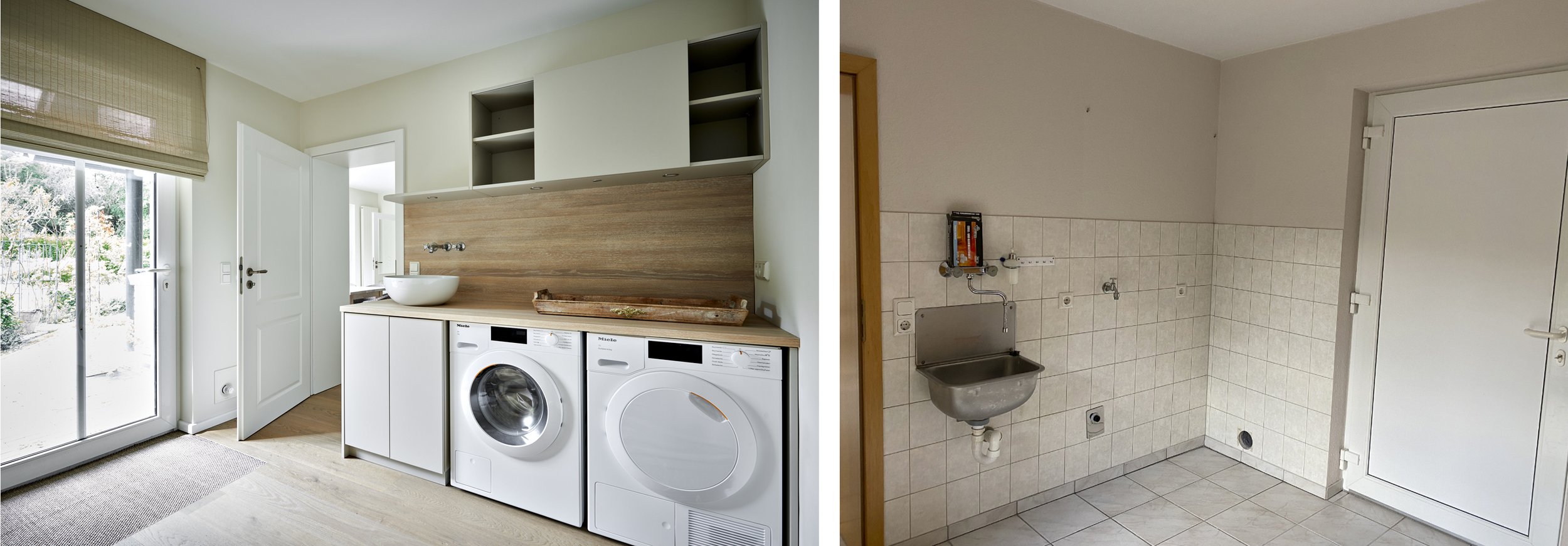 Hauswirtschaftsraum Nachher Tischler Eichenholz Holzboden Wandregale Raum Vorher