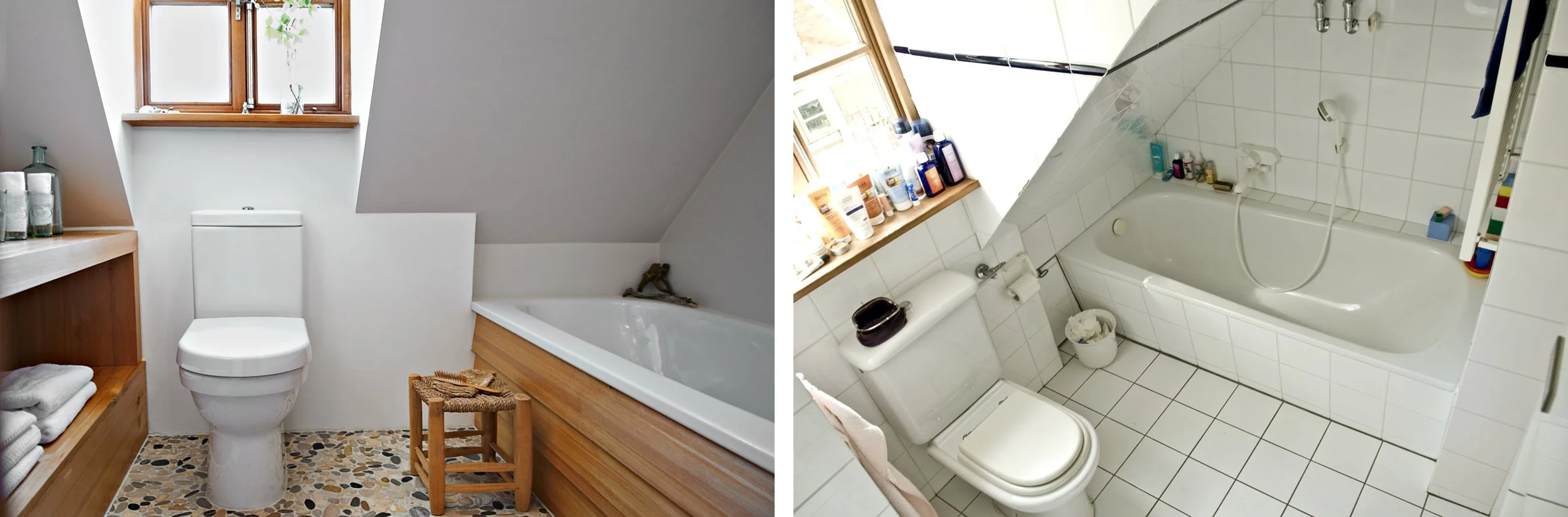 Bad Country Nachher Badewanne Kieselsteinboden Holzelemente Bad Vorher Weiss