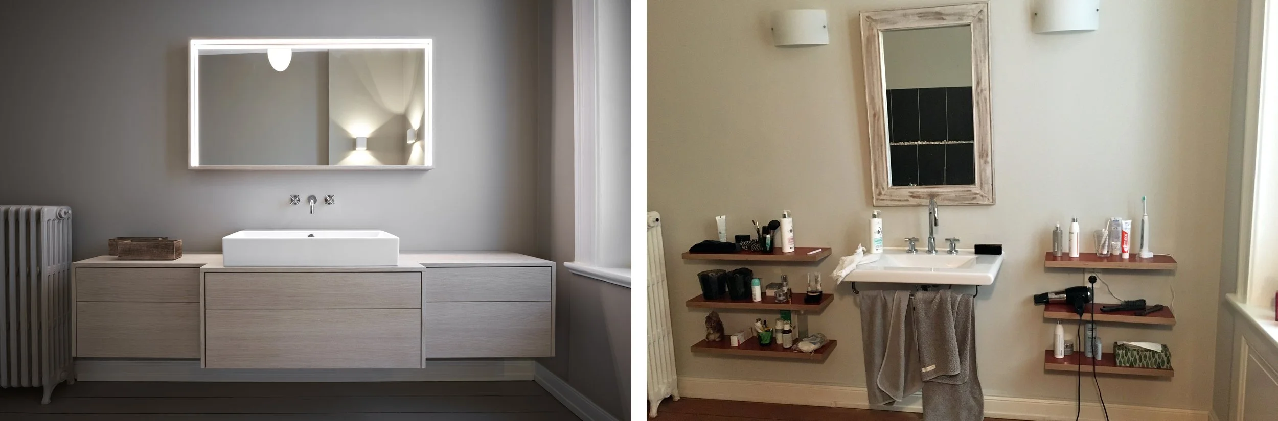 Bad Altbau Nachher Waschtischanlage Holz hell Tischler Spiegelbeleuchtung Bad Vorher