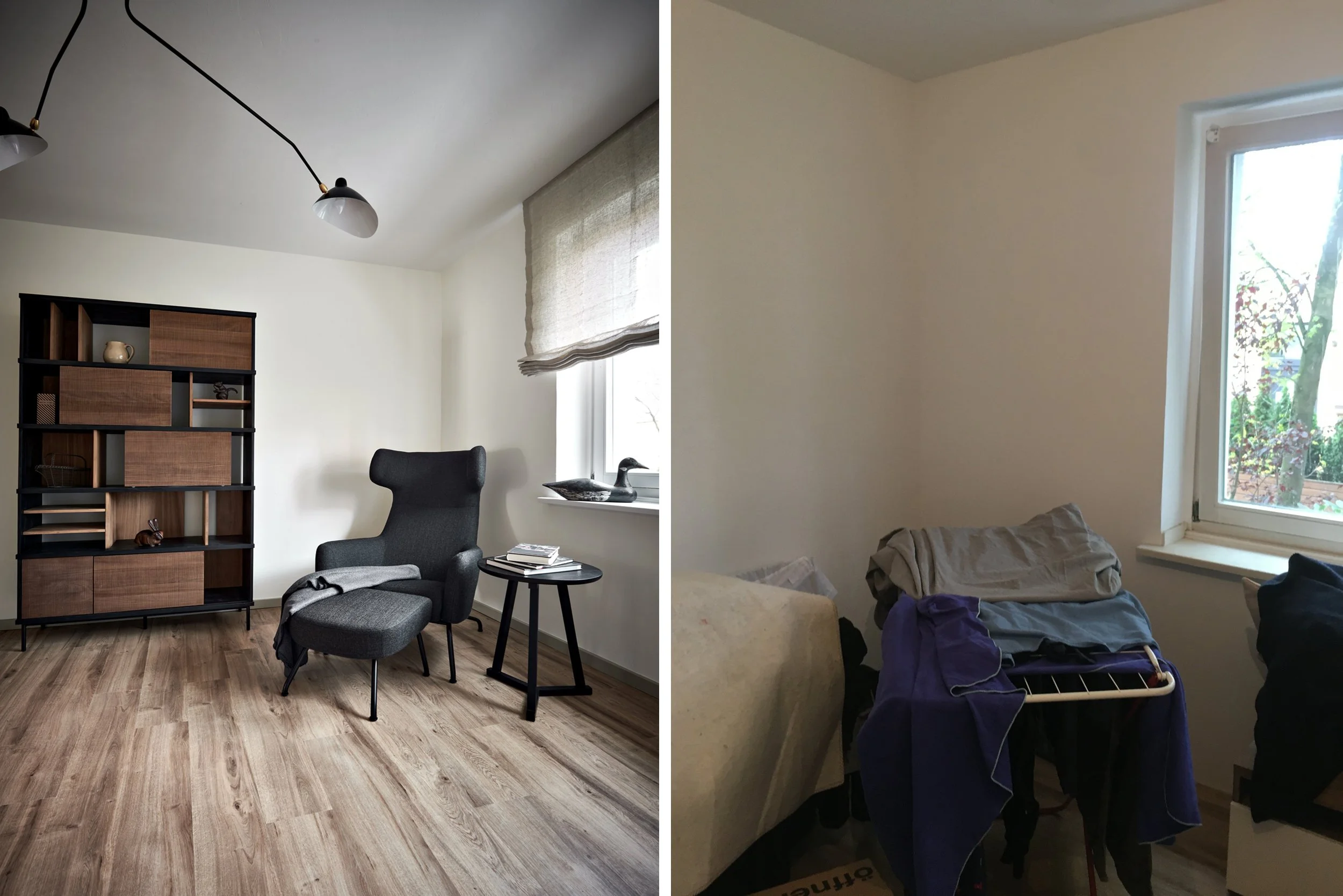 Arbeitszimmer Nachher Holzboden Wandschrank Loungesessel Arbeitszimmer Vorher