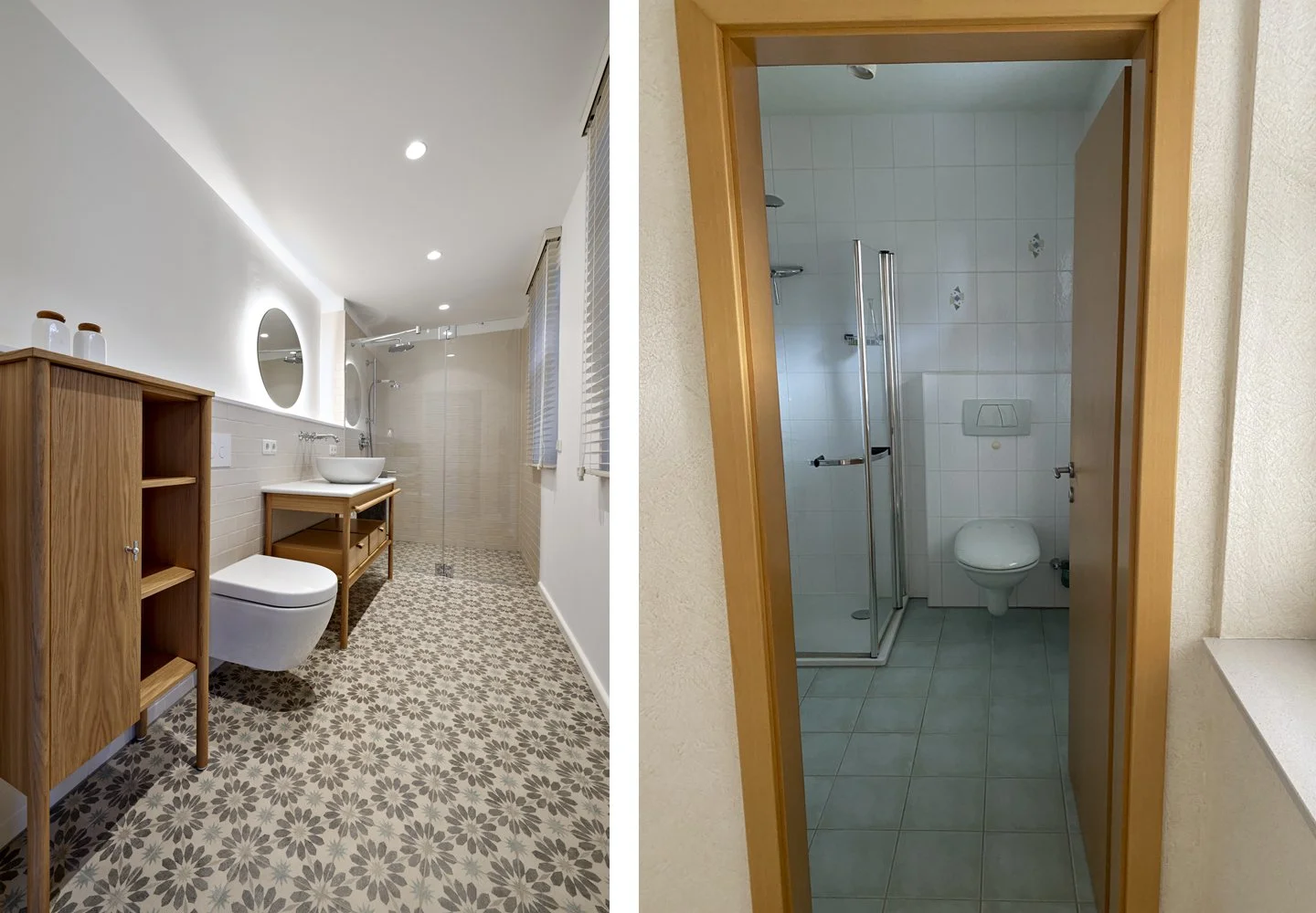 Bad Nachher Bodenfliesen floral gemustert Waschtischanlage Burgbad Holz Hochschrank Bad Vorher