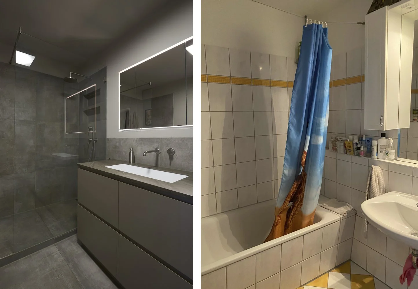 Bad Nachher Waschtischanlage Tischlerarbeit Unterbaubecken Wandarmatur Spiegelbeleuchtung Bad Dusche Vorher