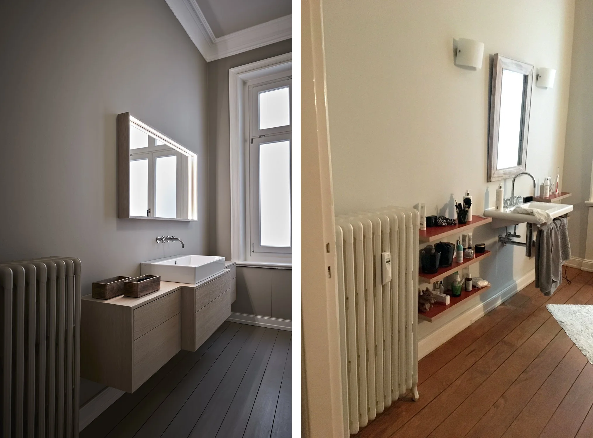 Bad Nachher Altbau Waschtischanlage Holz Tischler Holzboden lackiert Bad Vorher