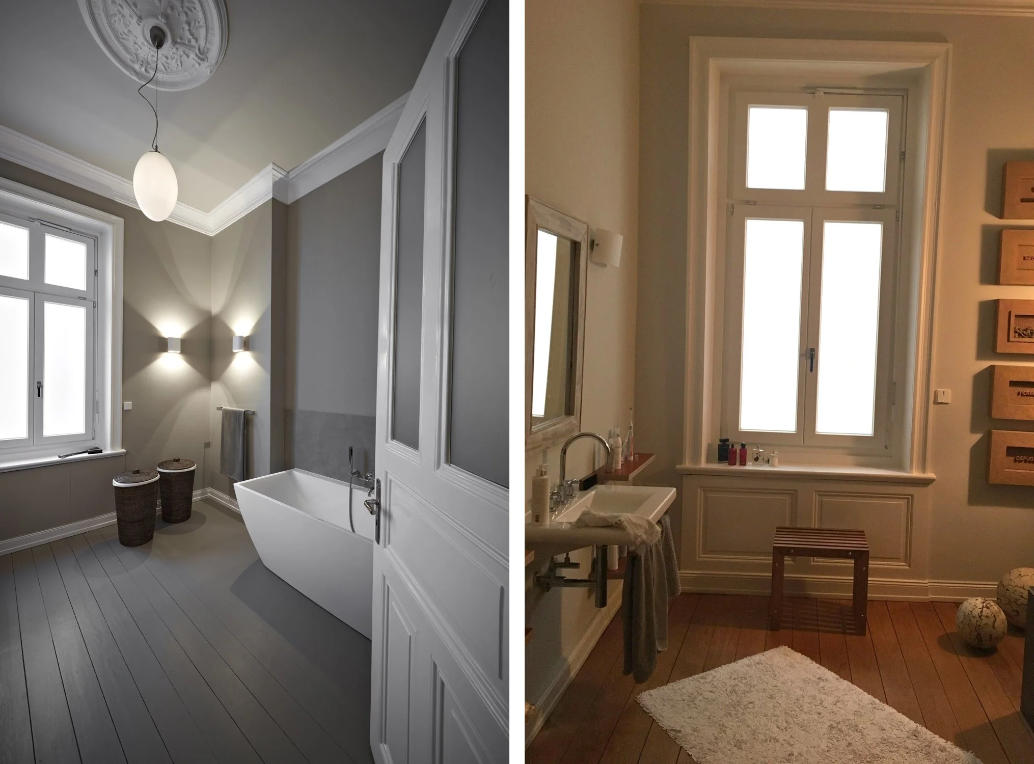 Bad Altbau Nachher Holzboden lackiert Badewanne freistehend Bad Vorher