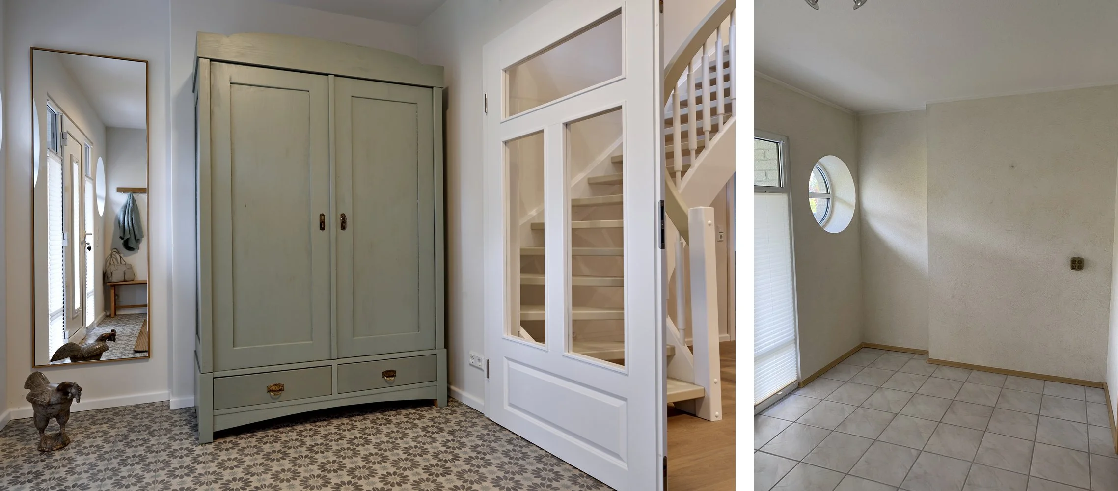 Flur Nachher gemusterte Bodenfliesen antiker Schrank Flur Vorher