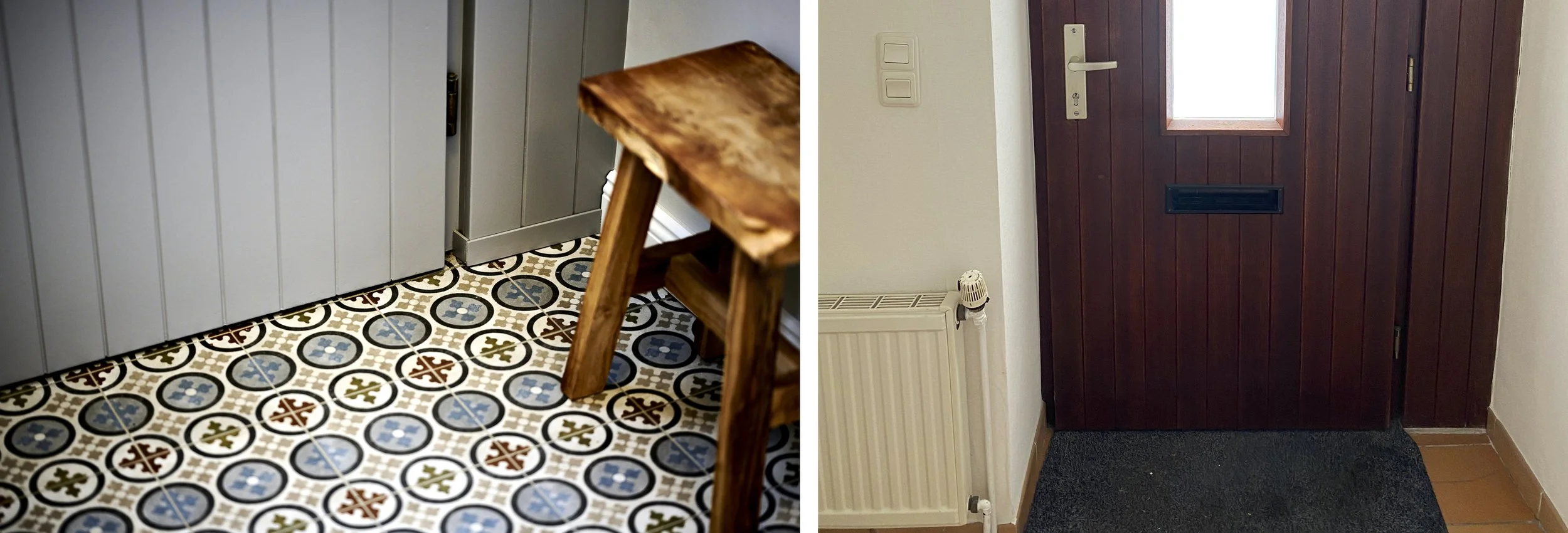 Eingang Nachher gemusterte Bodenfliesen Tür grau lackiert Eingang Vorher